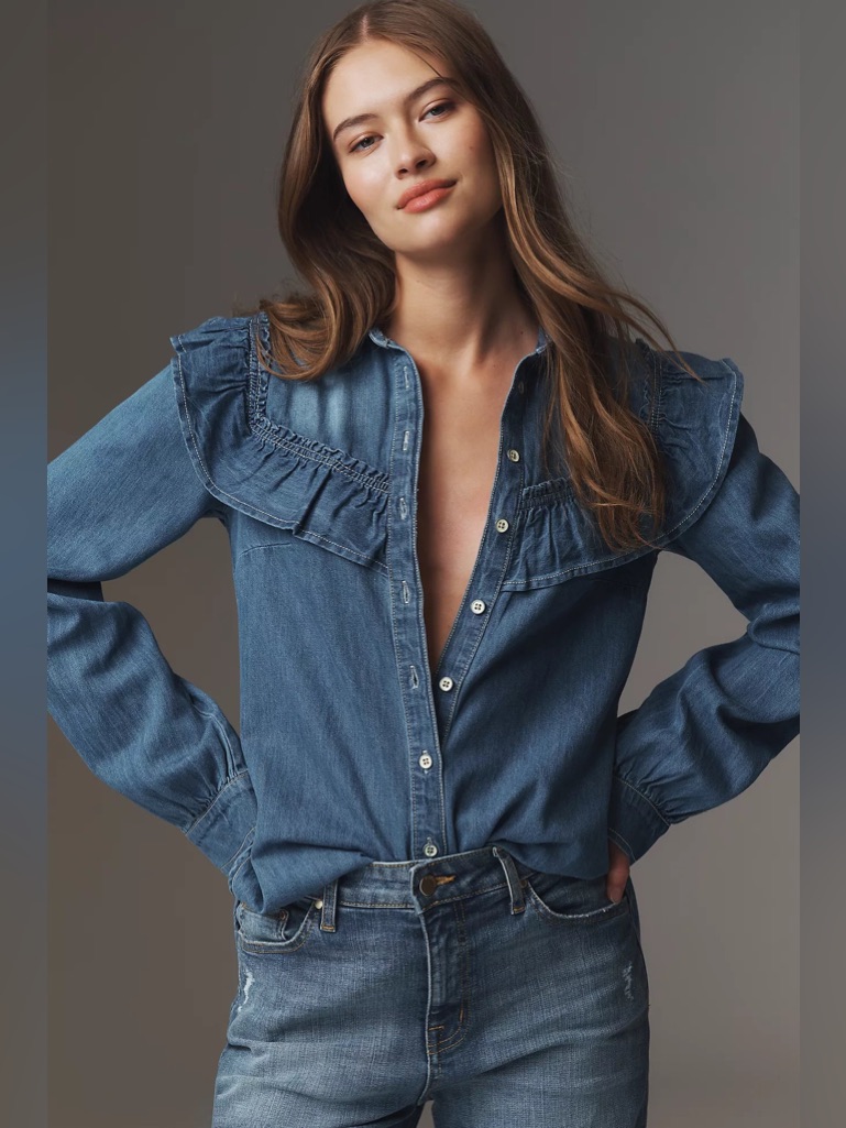 Anthropologie Pilcro Ruffled Chambray Button Down